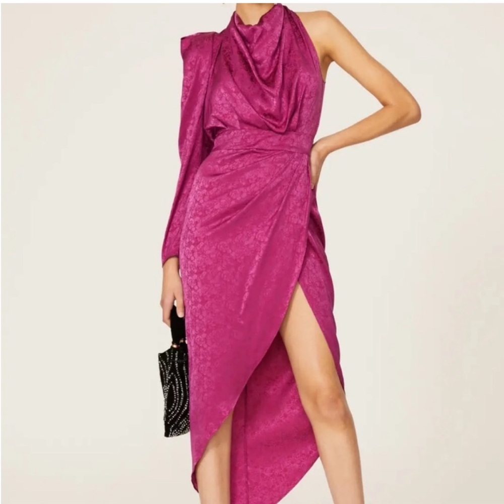Ronny Kobo Lilly One Shoulder Ruched Midi Dress Orchid Purple Slit XL